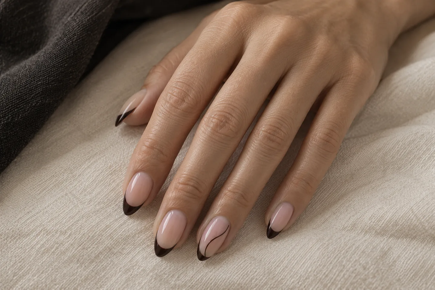 Ispirazione nail art: unghie nude a mandorla con sottili french tip color cioccolato.